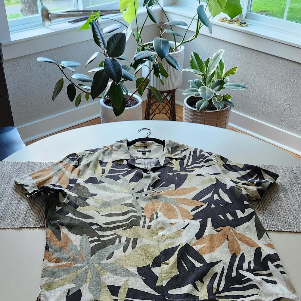 Express Green and Black Casual Button Down Shirt with Leaf Print